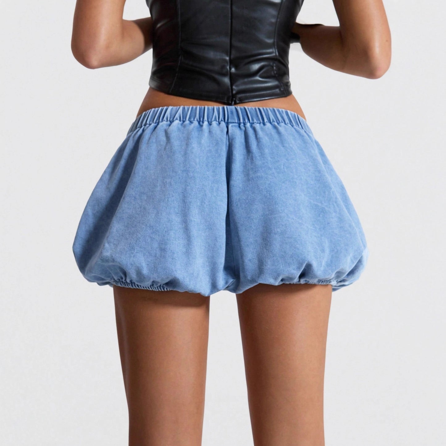 Womens Elastic-Waist Bud-Shape Versatile Slim-Fit Denim Shorts