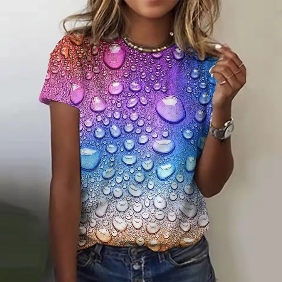 Women's Casual Short-sleeved Round Neck Colorful Water Drop 3D Printed T-shirt