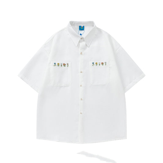 Plaid Embroidered Short-sleeved Loose All-match Couple Shirt