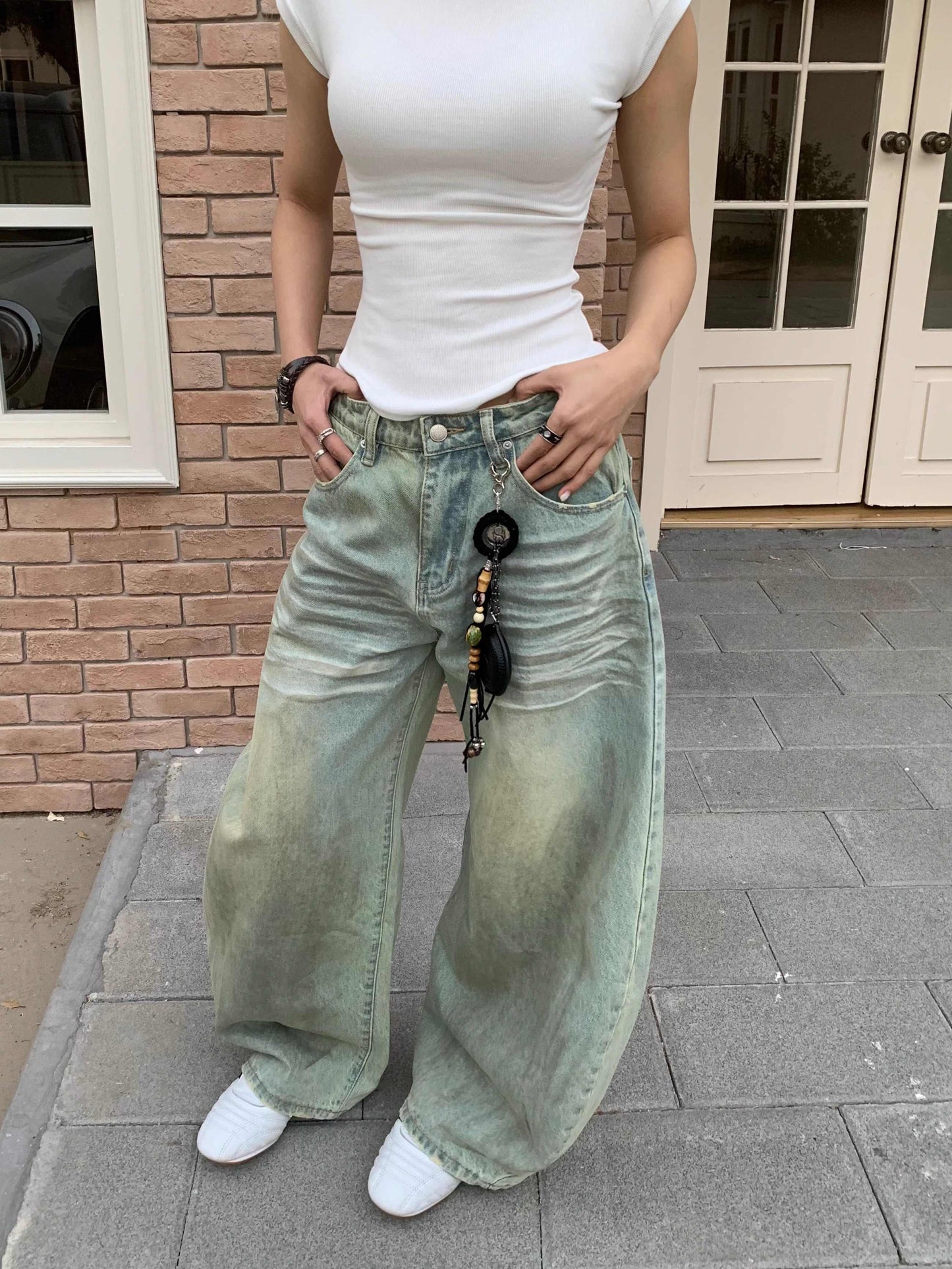 Retro Style Sickle Jeans Women's Loose Casual Wide-leg Pants