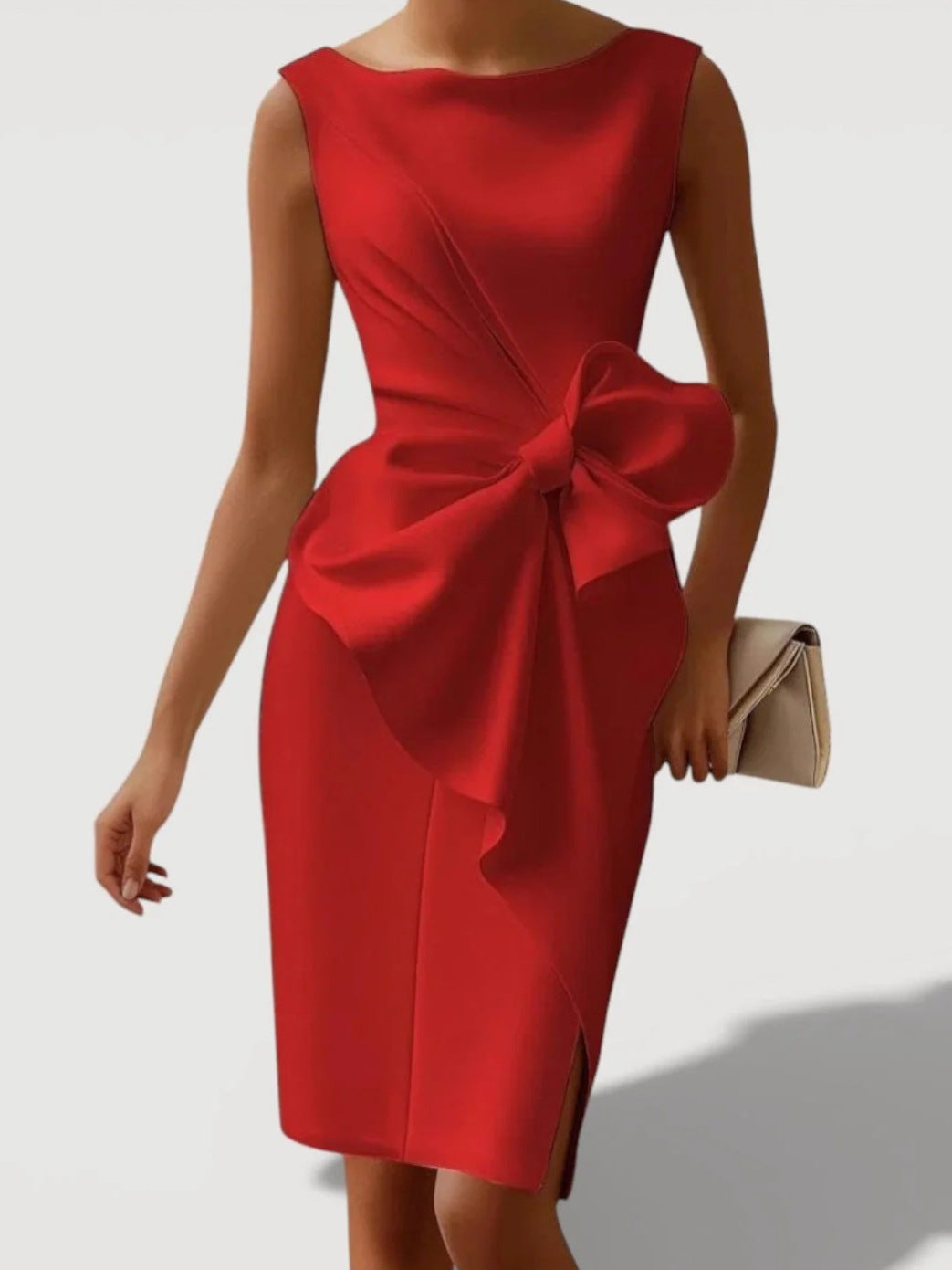 Mid-length Fitted Dress With A Cinched Waist And Bow Detail
