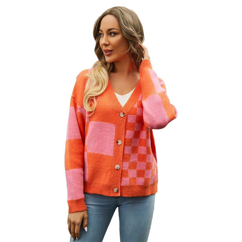 Efterår og vinter ny strikket ternet patchwork plus size sweater til damer