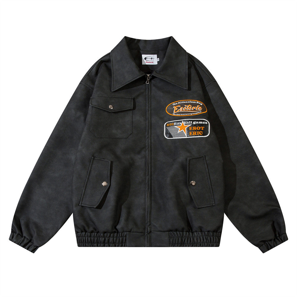 Embroidered Letters Pu Leather Coat Men