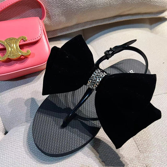 Double Toed Sandals Flat Sole Solid Bow
