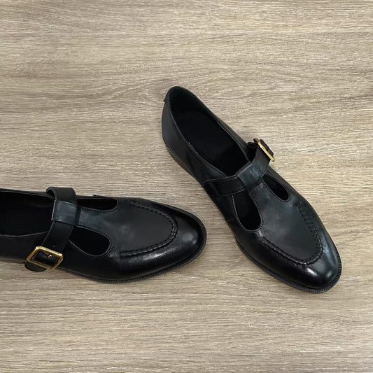 Spring British-style Retro T-Strap Chunky Heel Round-toe Commuter Pumps