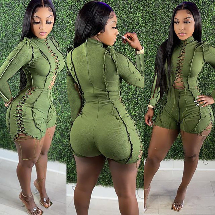 Fashion Sexy Patchwork Solid Color Tether Long Sleeve Jumpsuit
