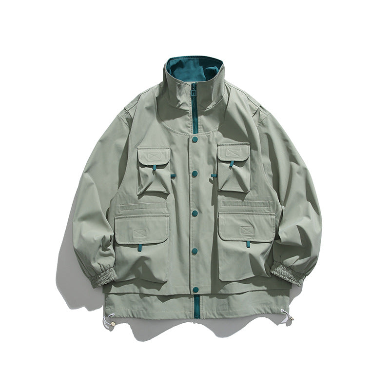 Stand Collar Loose Multi-pocket Charge Jacket Retro Fake Two-pieces Coats