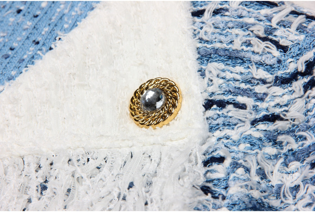 Blue Tassel Tweed Turn-down Collar Coat Elegant Socialite Top