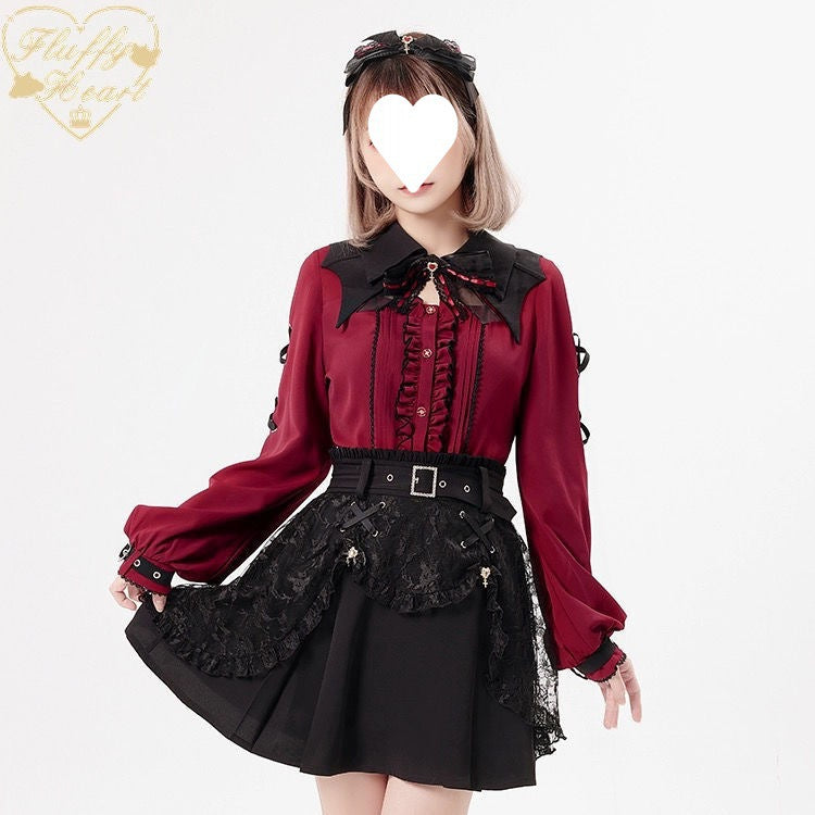 Send Bow Blood-sucking Ji Japanese Style Lace Hollow Bat Collar Short Sleeve Long Sleeve Shirt Two-color