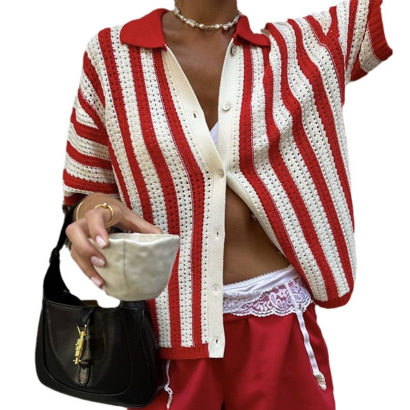 Women's Knitted Sweater Shirt Contrast Color Design Sense