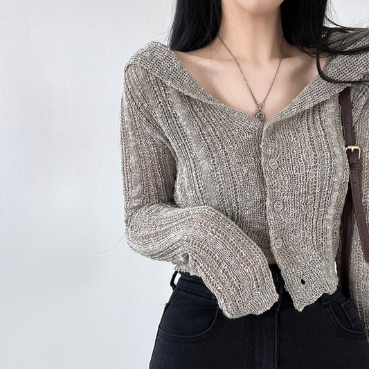 Retro V-neck Single-breasted Long Sleeve Short Knitted Cardigan Top