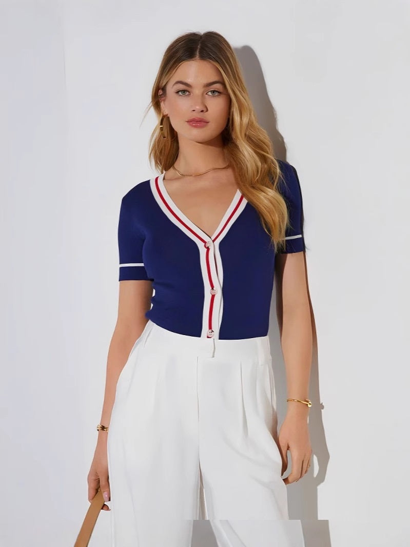 Europæisk og amerikansk dametøj Slim Fit All-match V-hals Kontrastfarvet Strikket Cardigan