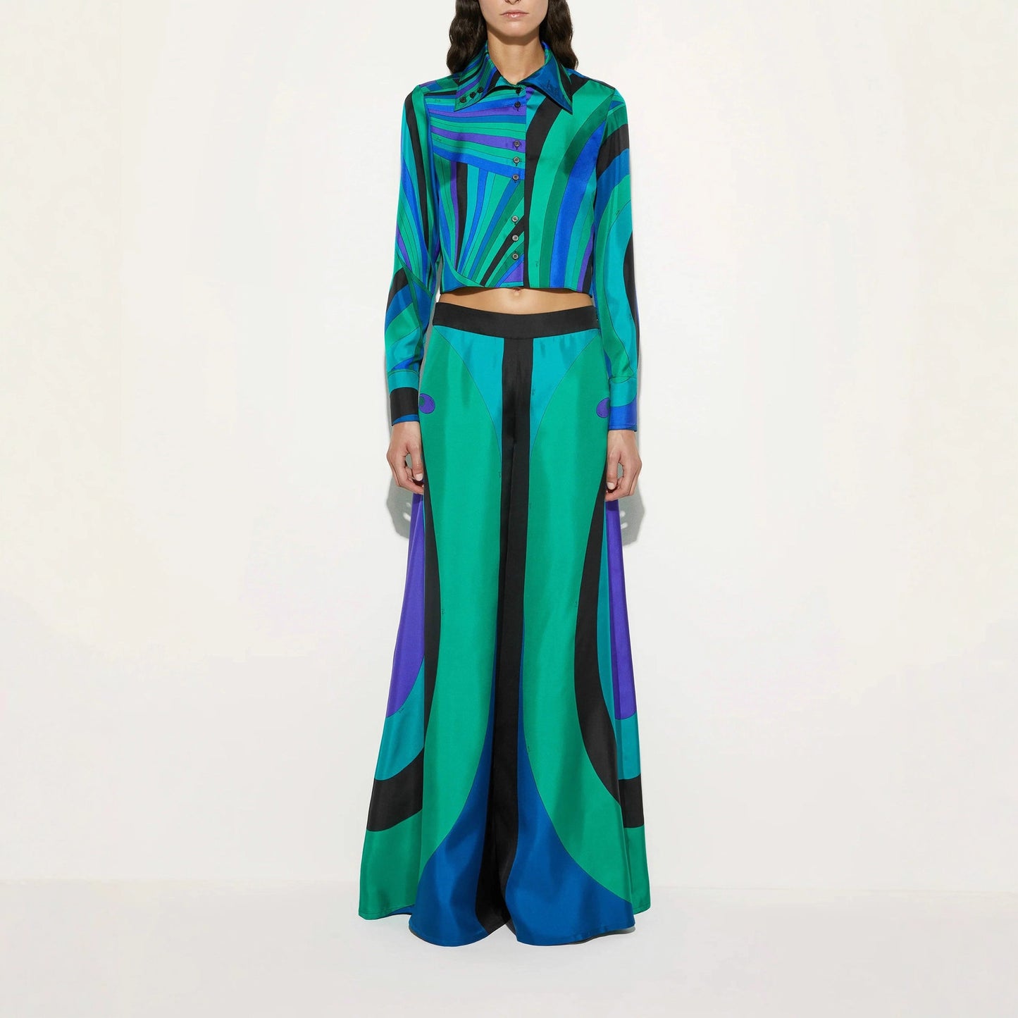 Printed Satin Long Sleeve Shirt And Wide-leg Pants Two-piece Set