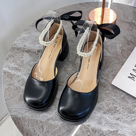 Chunky Heel Pearl Shoes High Quality Mary Jane