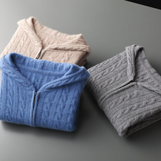 Men's Hooded Loose Long Sleeves Thick Twist Knitted Sweater