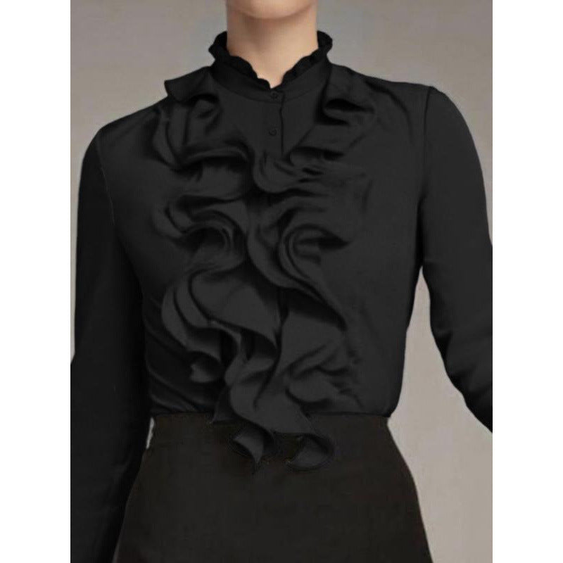 Women's Solid-Colored Ruffle-Trimmed Button-Front Shirt