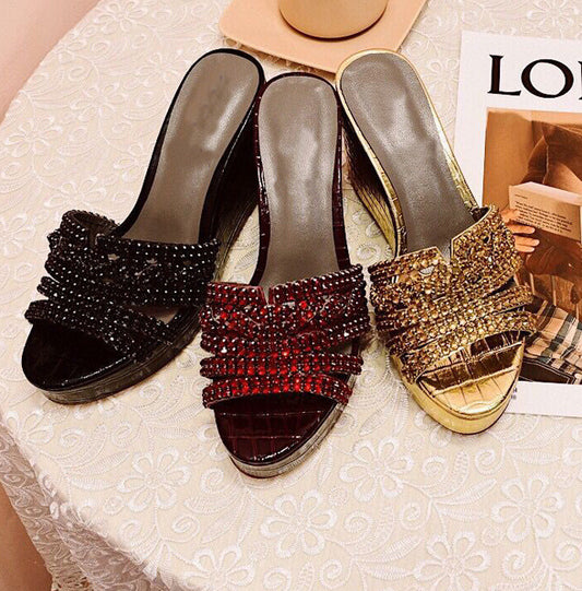 Fashion Wedge Heel Shiny Rhinestone Slippers