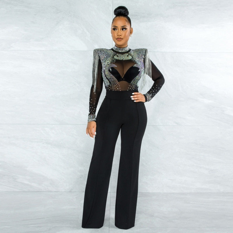 Arrival Hot-Stone Embellished Tassel-Trimmed Shoulder Design Sheer Polyester Mesh Patchwork Jumpsuit