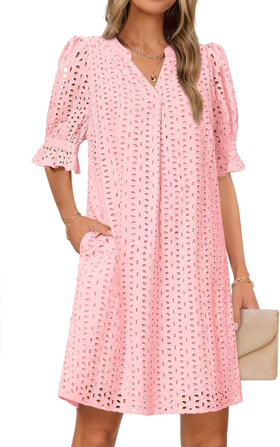 SpringSummer V Neck Pleated Collar Hollow Out Floral Lace Dress