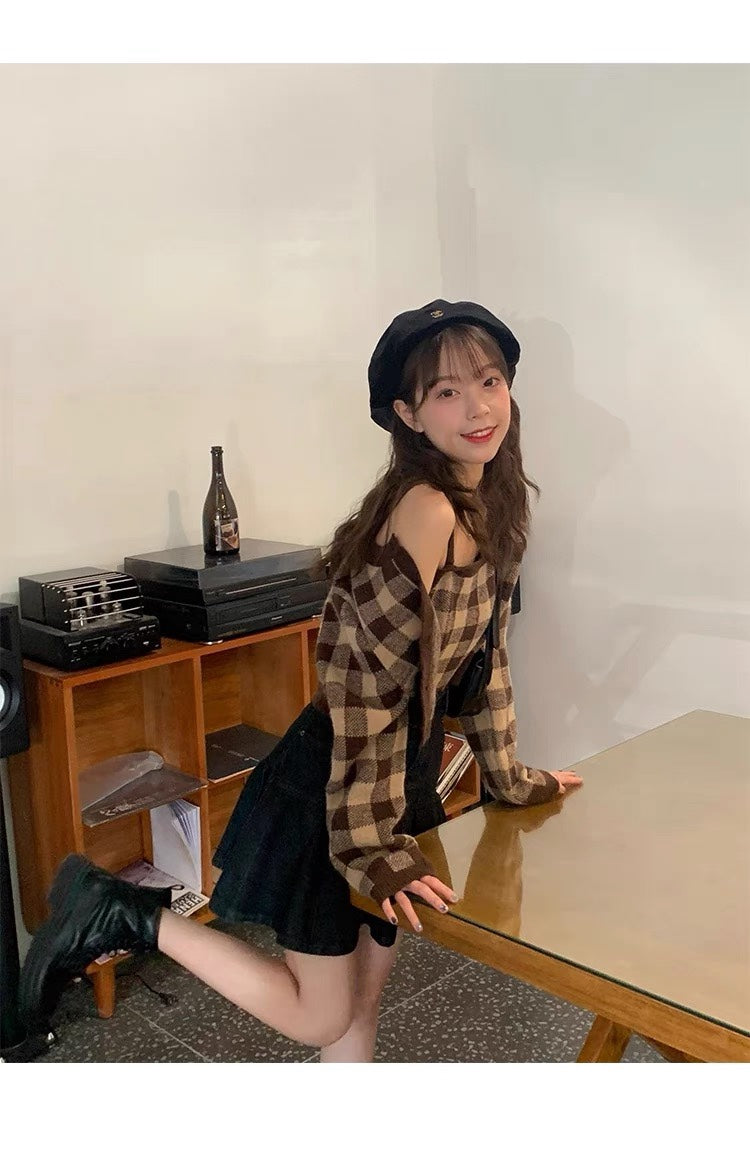 Two Piece Top Women's Short Vintage French Plaid