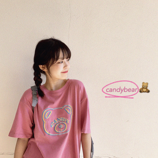 Dizzy Bear Japanese-Style Printed Loose-Fit Versatile Casual Crew-Neck Short-Sleeve T-Shirt For Women