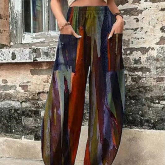 Women's Elastic Waistband Pocket Printed Casual Pants