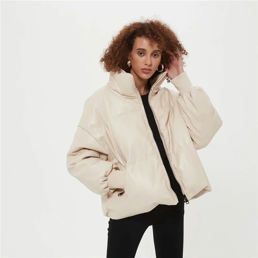 Fashion Urban Casual Solid Color Simple PU Cotton Jacket Women's Small Stand-up Collar