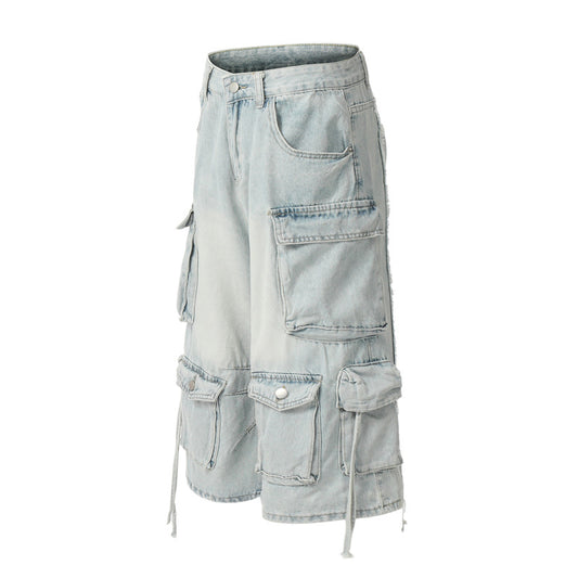 American Retro High Street Multi-pocket Worn Looking Washed-out Cargo Jeans