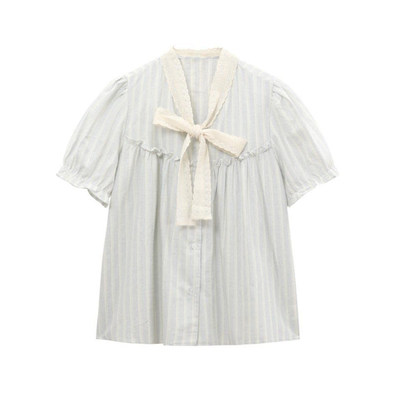 Bow Chic Lace Puff Sleeve Striped Shirt