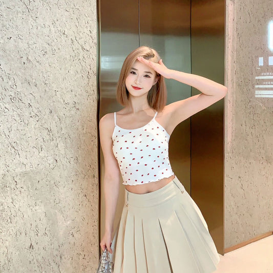 Ruffle-edged Outerwear Top With Built-in Chest Pads And A Strawberry Print