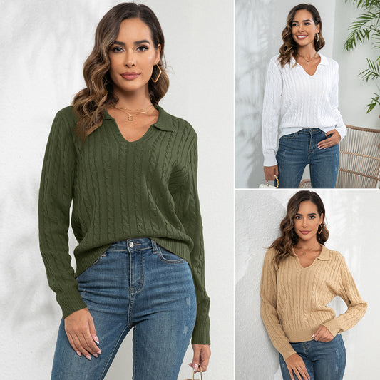 Women's Pullover Loose-fitting Long Sleeves Lapel Twist Sweater