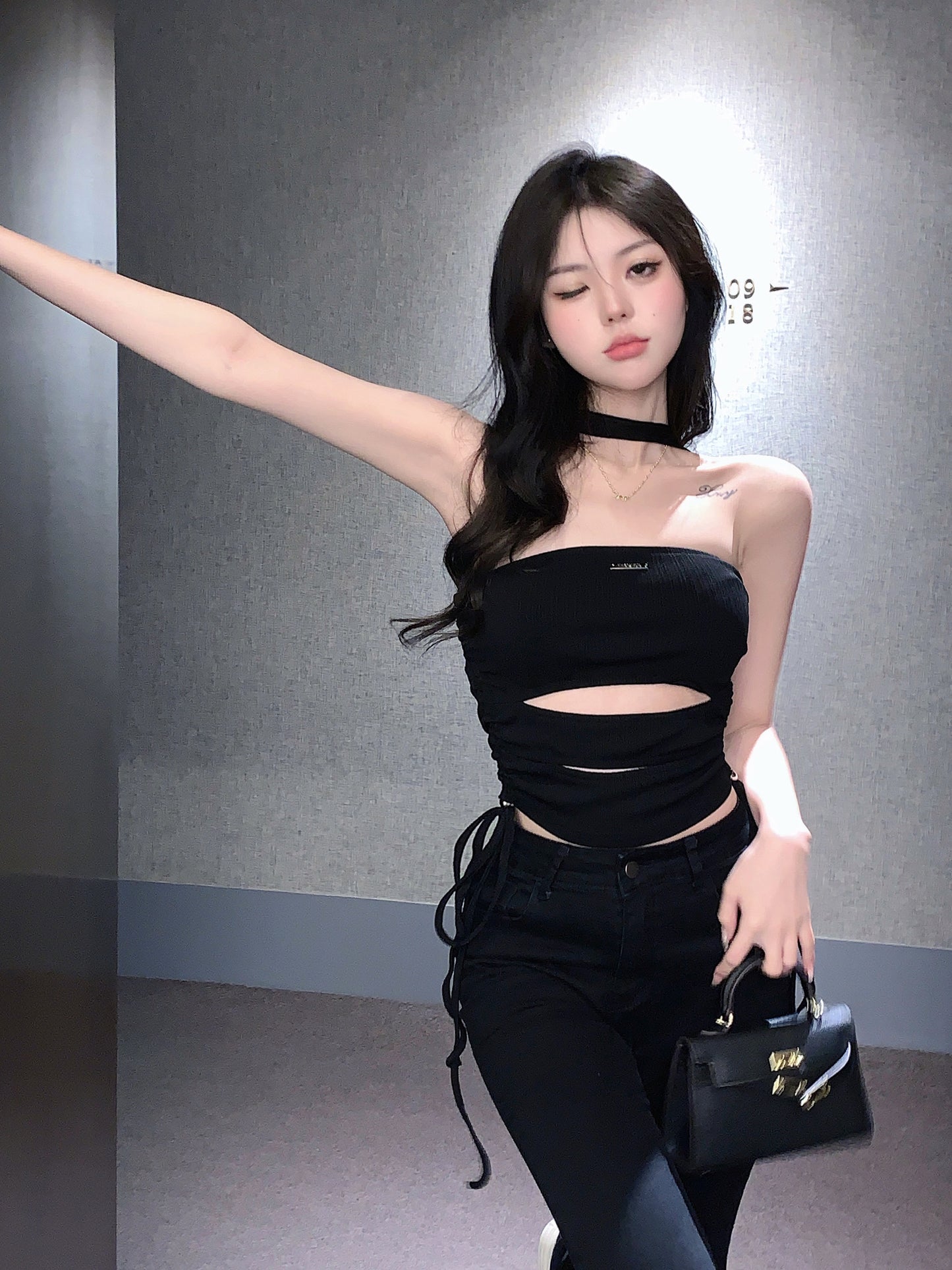 Black Cutout Drawstring Camisole Short Halterneck