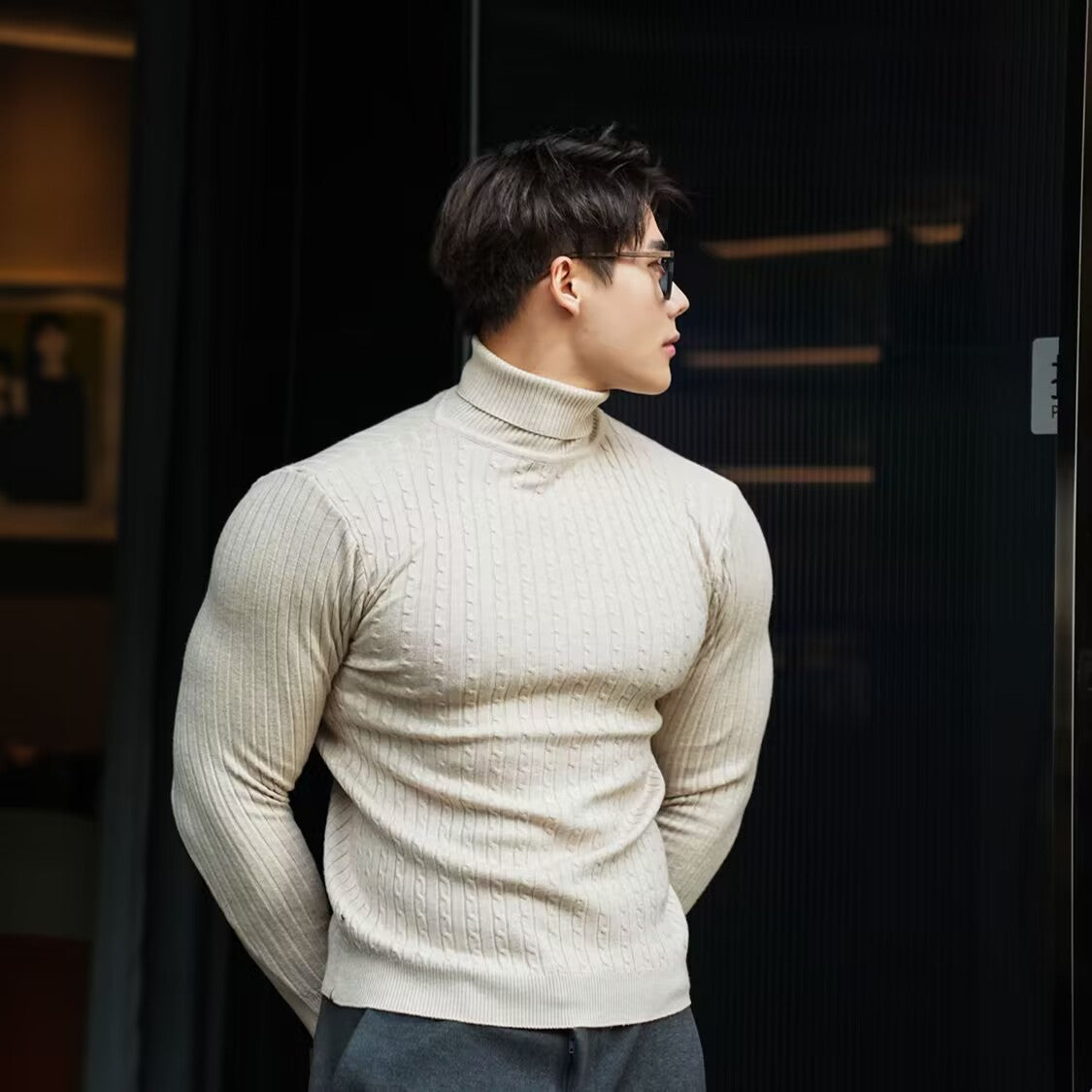 Men's High-neck Slim-fit Solid Color Twisted Knit Sweater