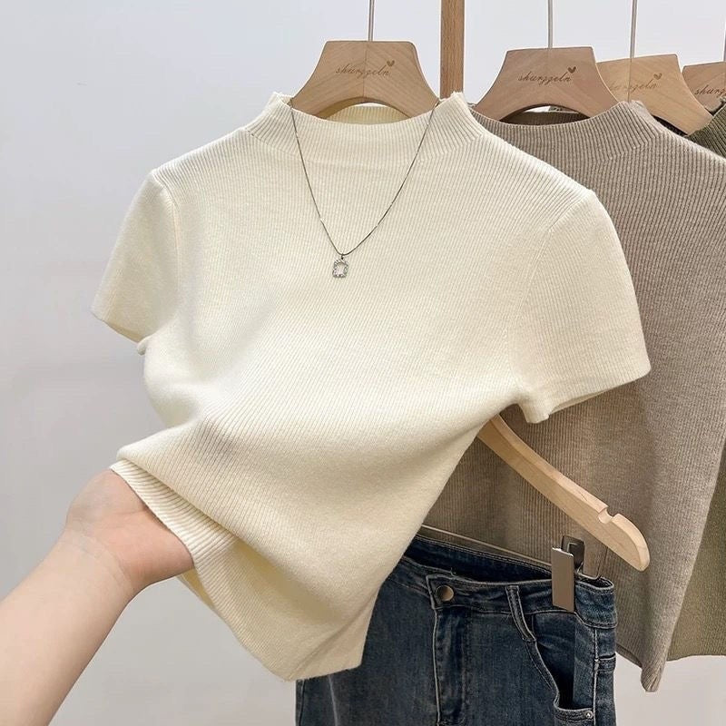 Dopamin Hot Girl Sort Mock-neck Skulder Kortærmet T-shirt Dame Sommer