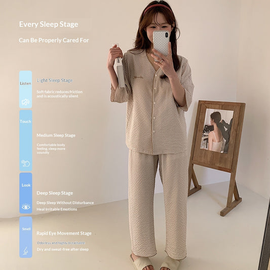 Cloud Cotton Plaid Homewear Womens Padded V-Neck Three-Quarter Sleeve Pants Outerwear-Ready Pajama Two-Piece Set