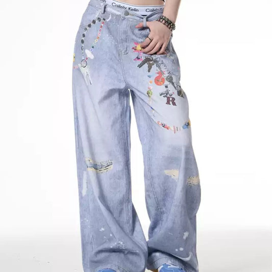 Distressed Dirty Dyed Jeans Women's Summer Design Sense Niche Loose Wide Leg