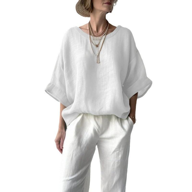 Women's Solid Color Casual Round Neck Loose Shirt