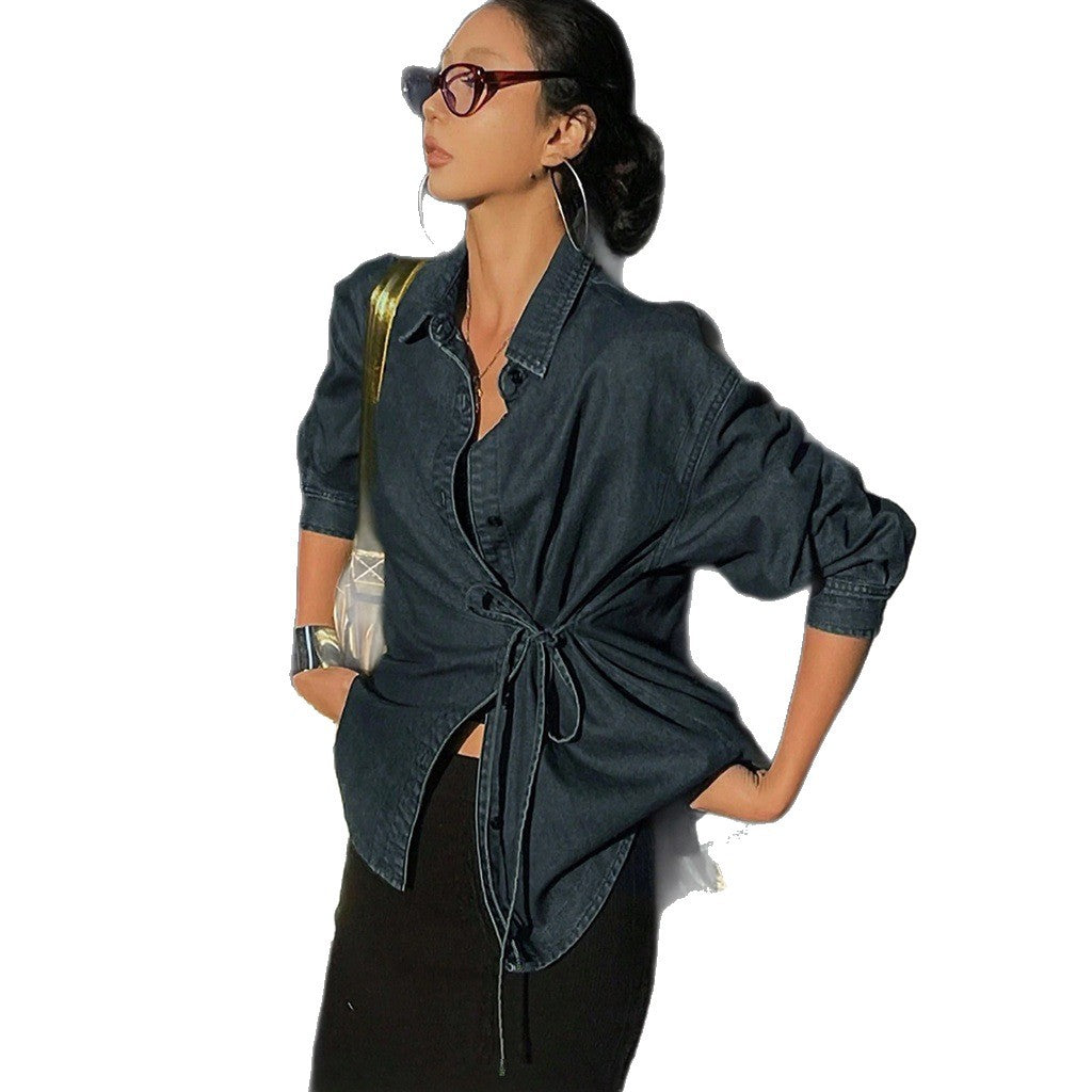 Women's Casual Denim Jacket With Front Lacing And Buttons