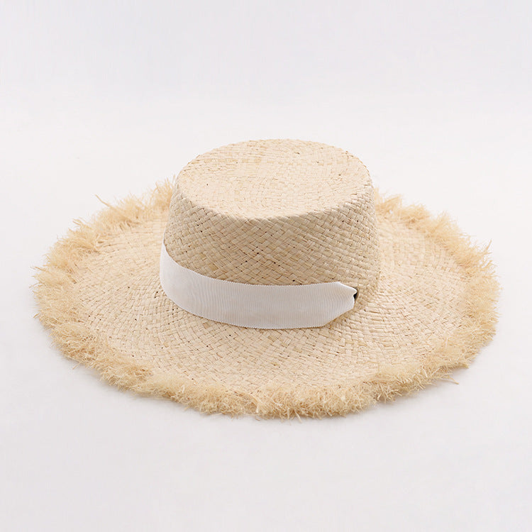 Raffia Tie Flat Top Frayed Straw Hat