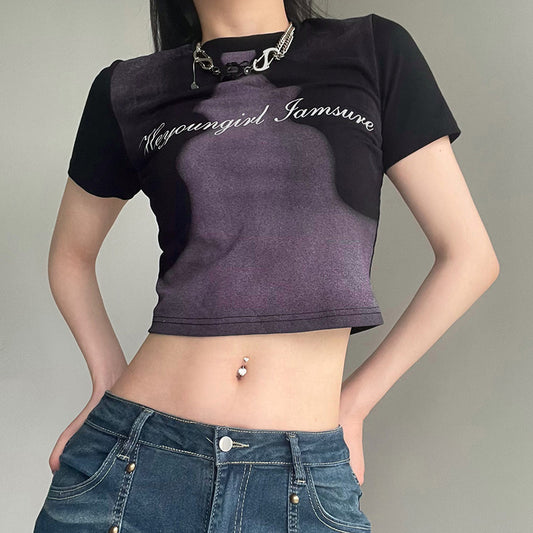 Abstract Face Print Color Contrast T-shirt Women's Slim Fit