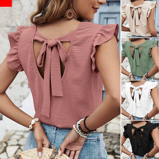 Women's Solid Color Round Neck Pullover Blouse With Ruffles