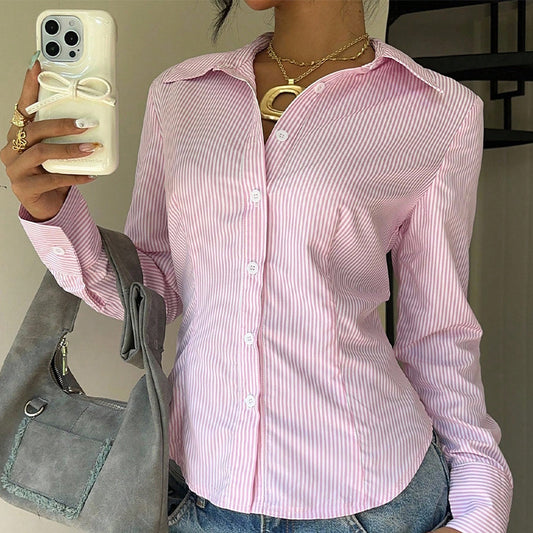Elegant Striped Waist-tied Long-sleeve Shirt For Women
