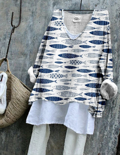 Women's Vintage Fish Art Pattern Linen Blend Flowy Blouse
