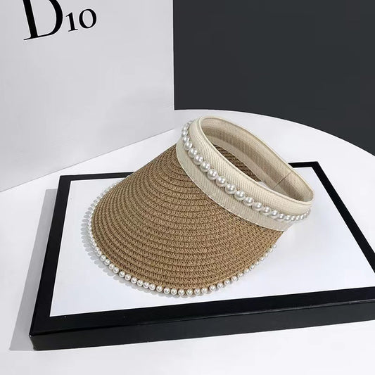 Empty Top Sunshade Pearl Straw Hat Women Lace