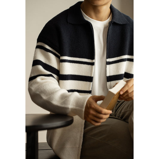 Young Contrast Color Striped Lapel Sweater Men's Casual Zipper
