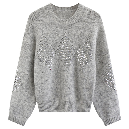 Heavy Embroidery Sequins Loose Sweater Idle Style Loose Outerwear Knitwear