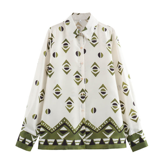 Summer New European And American Style Silk Satin Texture Positioning Printed Shirt Pants