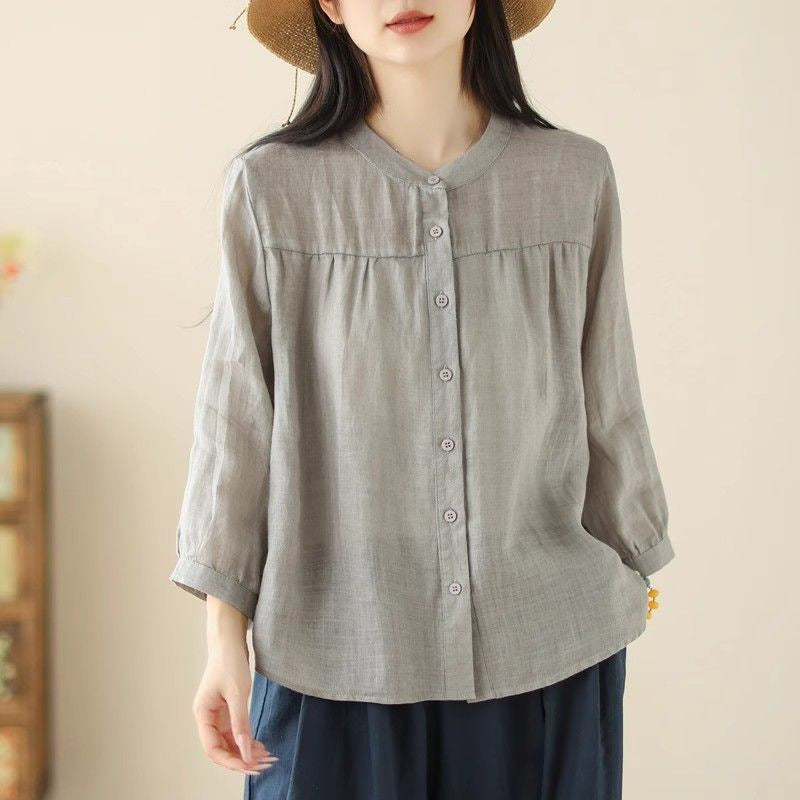 Simple Style Elegant Cotton And Linen Three-quarter Sleeve Stand Collar Shirt For Women