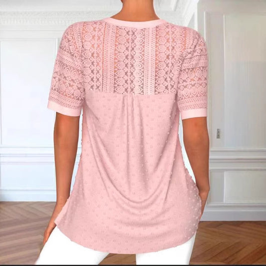 Fashion Round Neck Stitching Lace Short Sleeve
