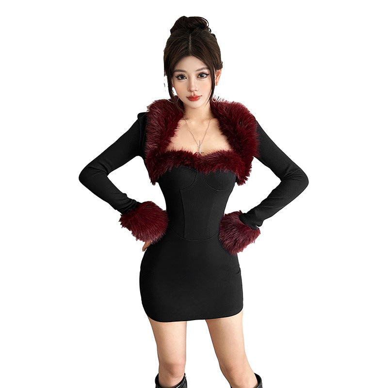 Women's Plush Patchwork Long-Sleeve Sheath Dress Set